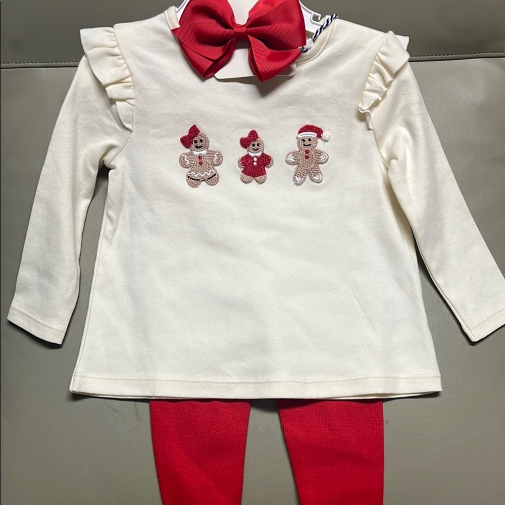 New! Cream and Red Holiday Outfit with Gingerbread Design - Picture 3 of 3